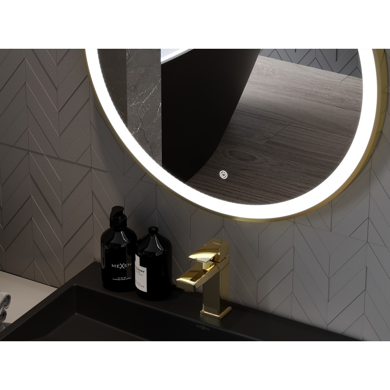 Mexen Esso miroir de salle de bain éclairé, rond 80 cm, LED 6000K, anti-buée, cadre doré - 9825-080-080-611-50