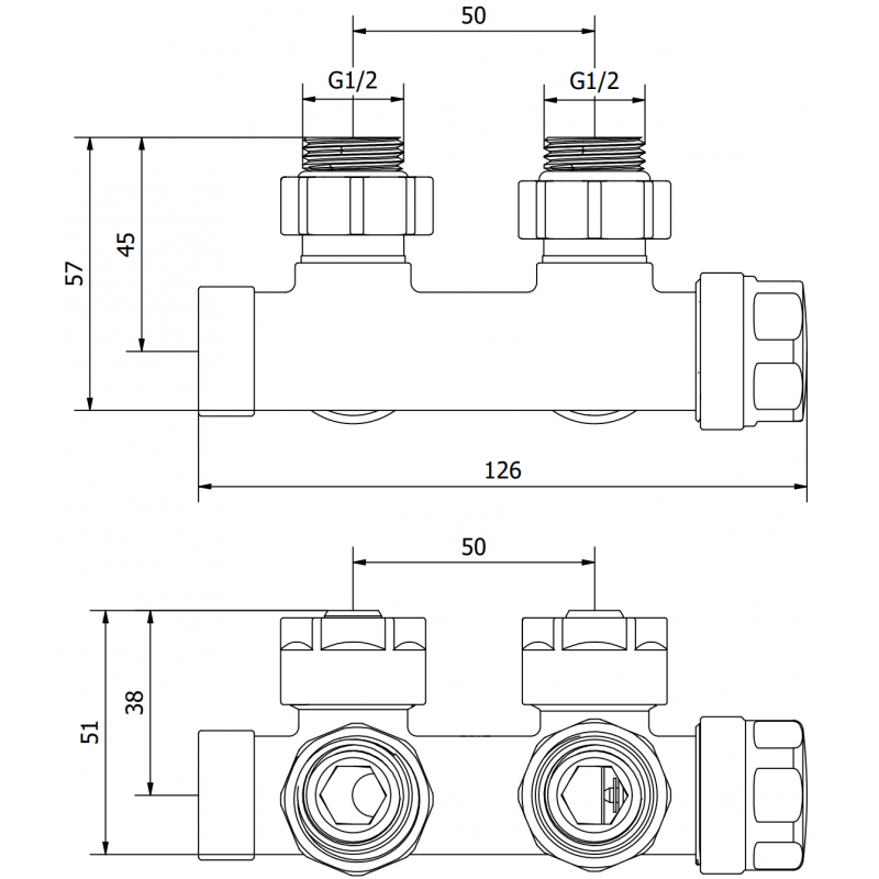 Mexen Uni-Term robinet de radiateur d'angle, Duplex, DN50, chrome - W907-000-01