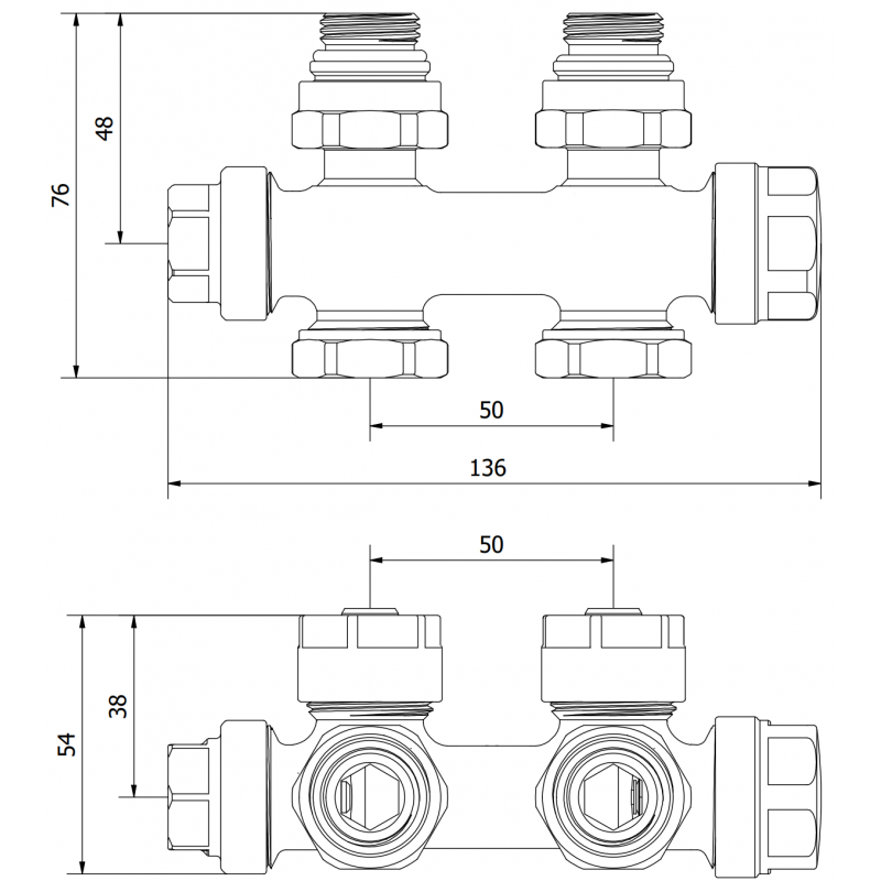 Mexen Uni-Term valve de radiateur angulaire/droit, Duplex, DN50, doré - W908-000-50