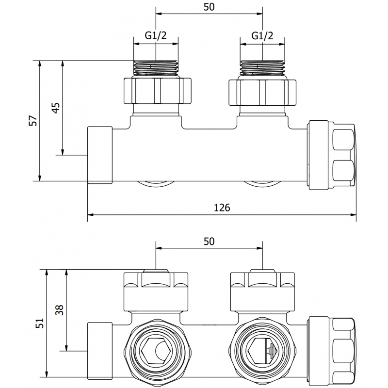 Mexen Uni-Term robinet de radiateur angulaire, Duplex, DN50, anthracite - W907-000-66