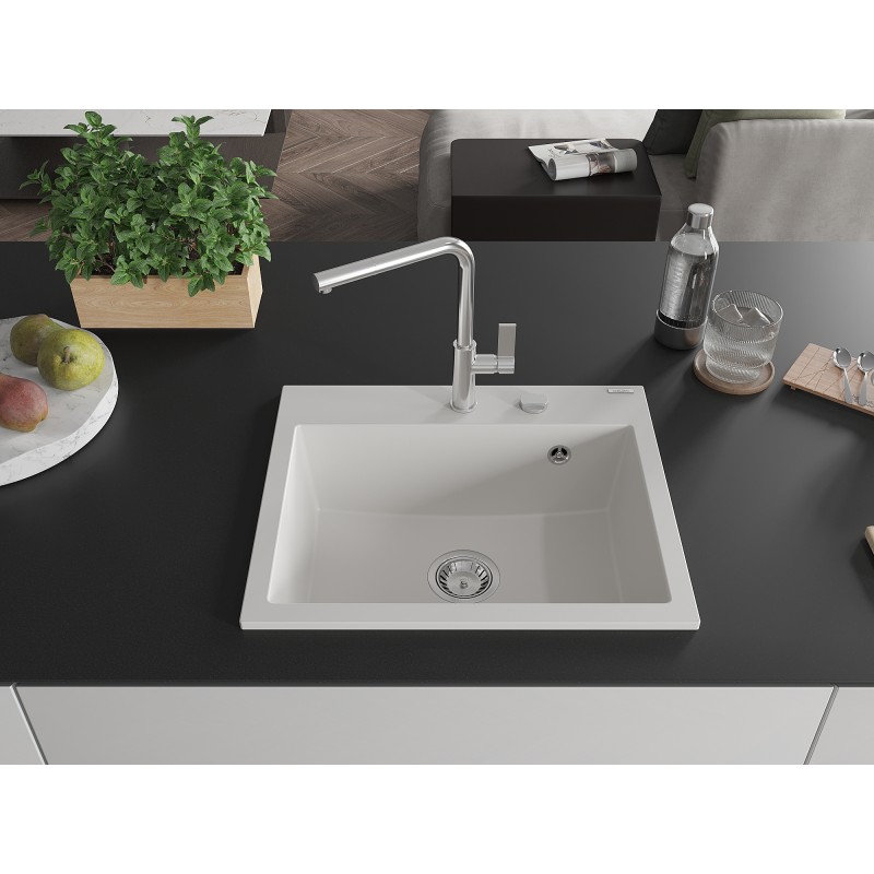 Mexen Oscar évier en granit 1 bac 580 x 490 mm, blanc, siphon chromé - 6519581000-20