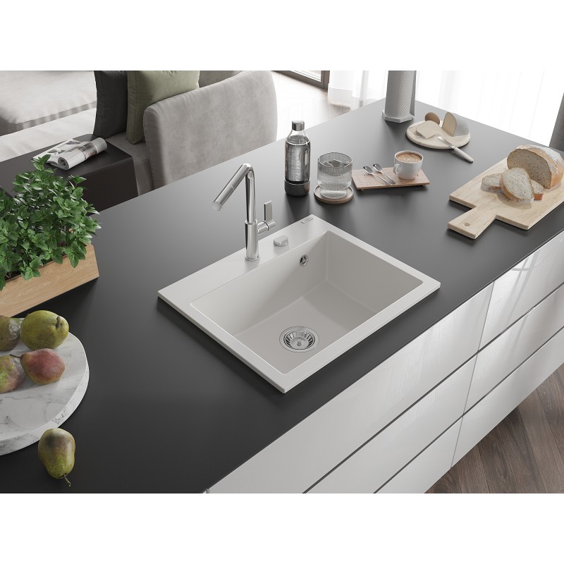 Mexen Oscar évier en granit 1 bac 580 x 490 mm, blanc, siphon chromé - 6519581000-20