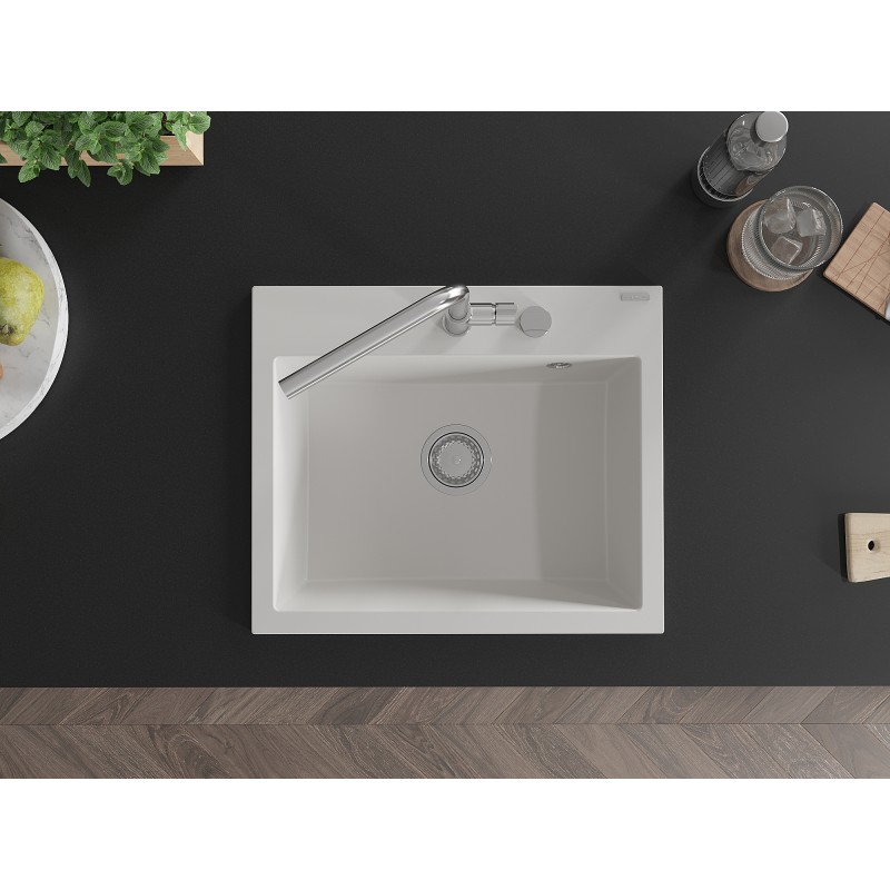 Mexen Oscar évier en granit 1 bac 580 x 490 mm, blanc, siphon chromé - 6519581000-20