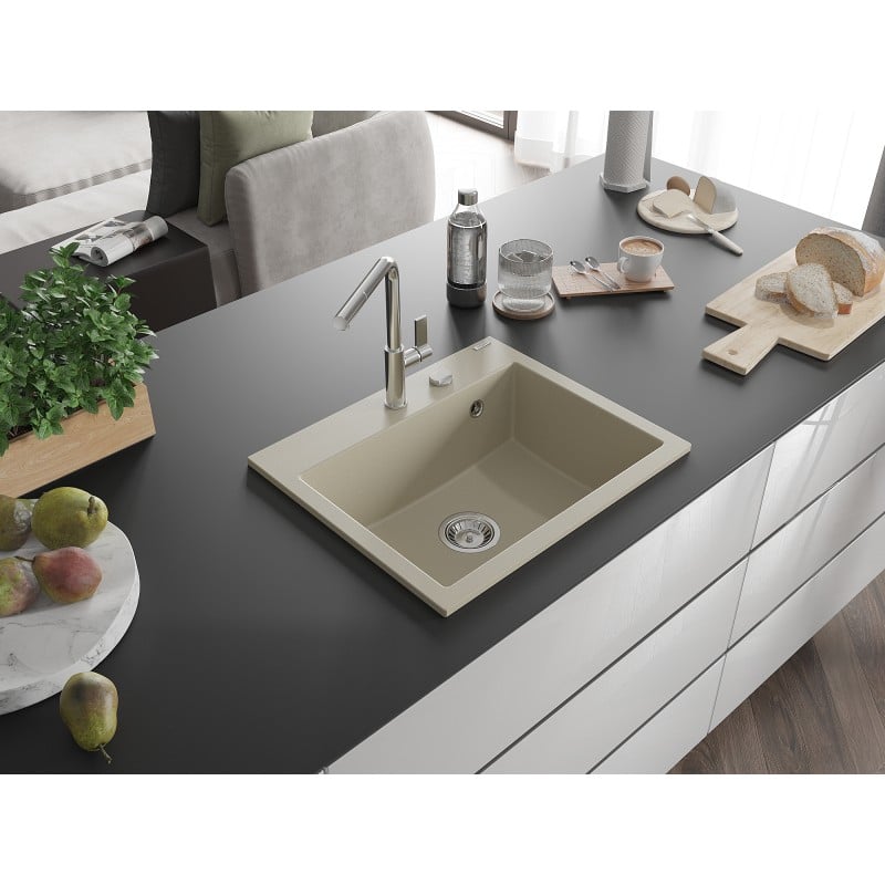 Mexen Oscar évier en granit 1 bac 580 x 490 mm, beige, siphon chromé - 6519581000-69