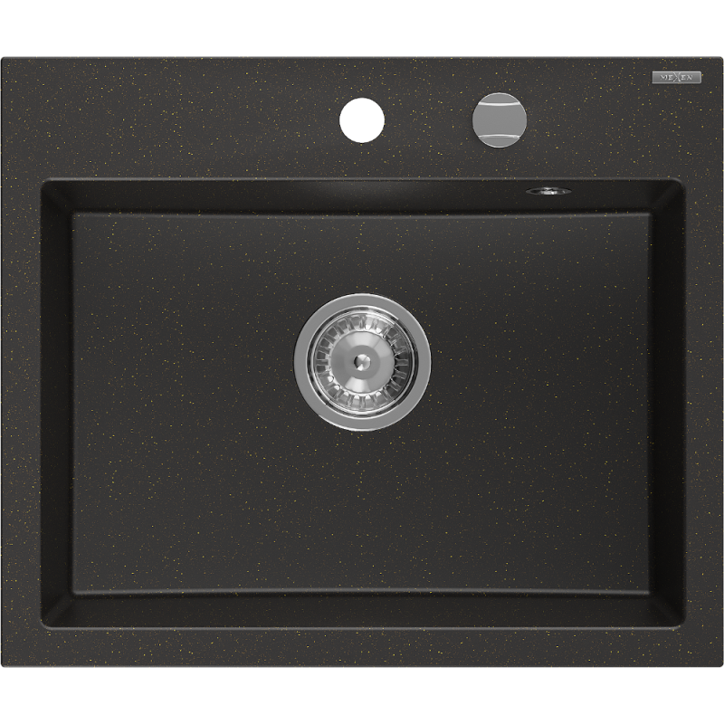 Mexen Oscar évier en granit 1-bac 580 x 490 mm, noir/doré métallisé, siphon chrome - 6519581000-75