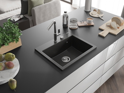Mexen Oscar évier en granit 1-bac 580 x 490 mm, noir/doré métallisé, siphon chrome - 6519581000-75