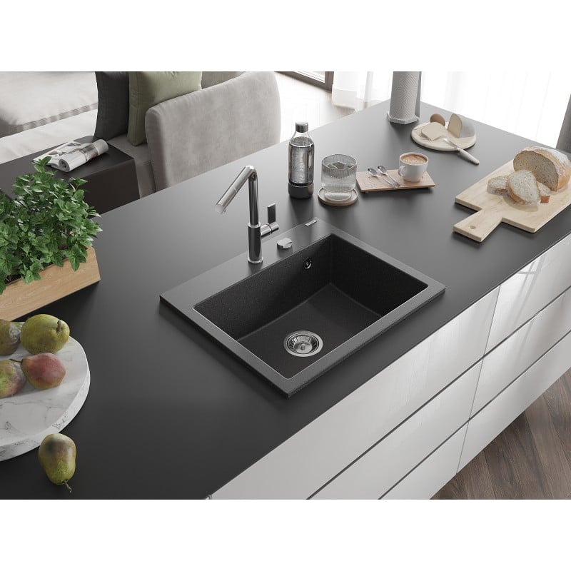 Mexen Oscar évier en granit 1 bac 580 x 490 mm, noir moucheté, siphon chromé - 6519581000-76