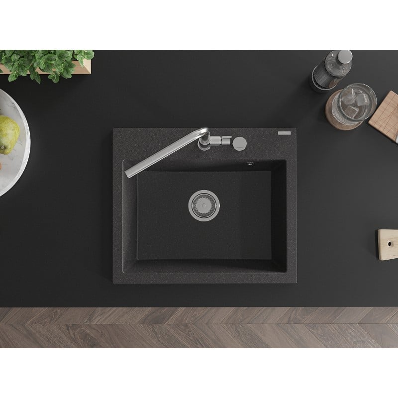 Mexen Oscar évier en granit 1 bac 580 x 490 mm, noir moucheté, siphon chromé - 6519581000-76