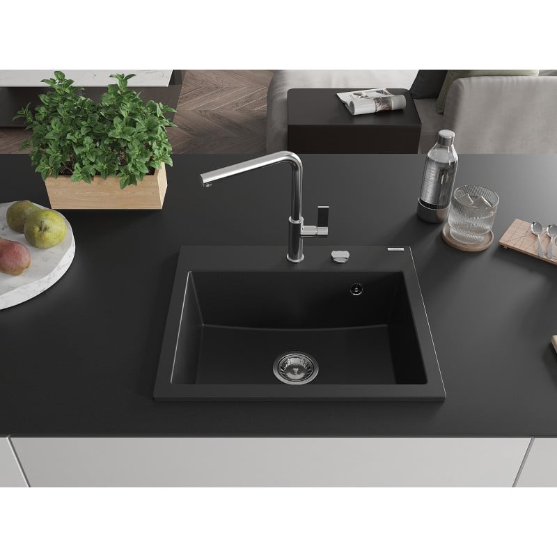 Mexen Oscar évier en granit 1 bac 580 x 490 mm, noir, siphon chrome - 6519581000-77
