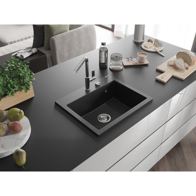 Mexen Oscar évier en granit 1 bac 580 x 490 mm, noir, siphon chrome - 6519581000-77