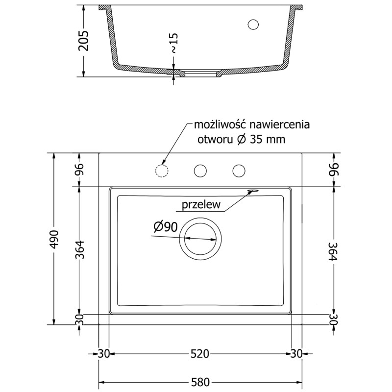Mexen Oscar évier en granit 1 bac 580 x 490 mm, blanc, siphon doré - 6519581000-20-G