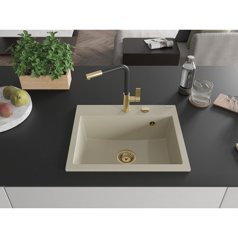 Mexen Oscar évier en granit 1 bac 580 x 490 mm, beige, siphon doré - 6519581000-69-G
