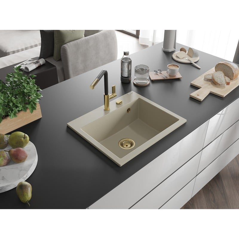 Mexen Oscar évier en granit 1 bac 580 x 490 mm, beige, siphon doré - 6519581000-69-G