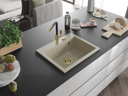 Mexen Oscar évier en granit 1 bac 580 x 490 mm, beige, siphon doré - 6519581000-69-G