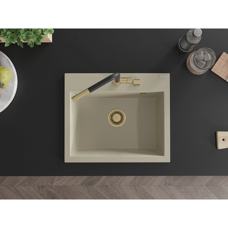 Mexen Oscar évier en granit 1 bac 580 x 490 mm, beige, siphon doré - 6519581000-69-G