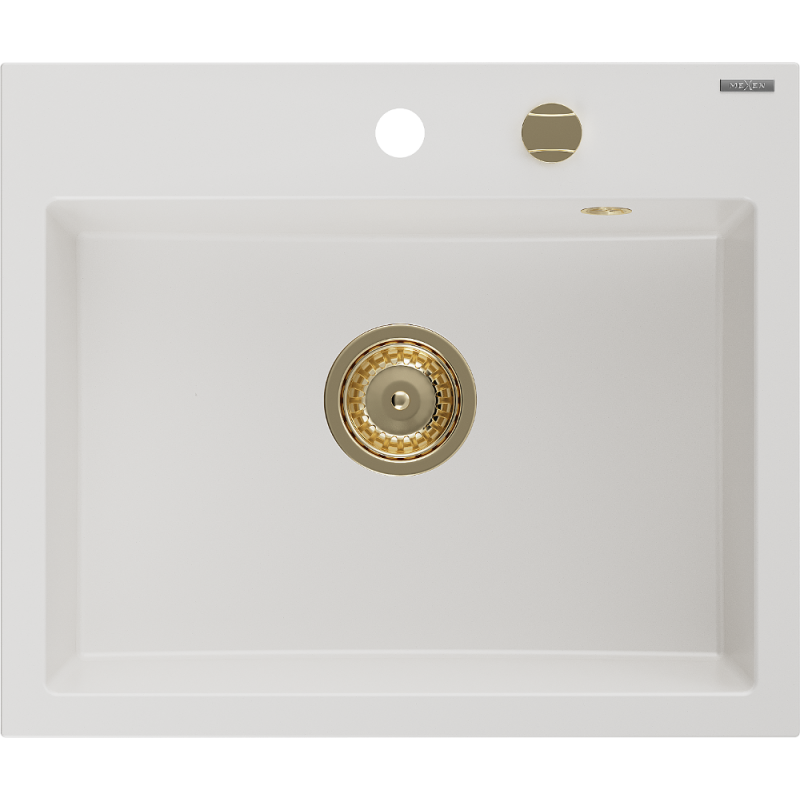 Mexen Oscar évier en granit 1 bac 580 x 490 mm, blanc, siphon doré - 6519581000-20-G