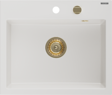 Mexen Oscar évier en granit 1 bac 580 x 490 mm, blanc, siphon doré - 6519581000-20-G