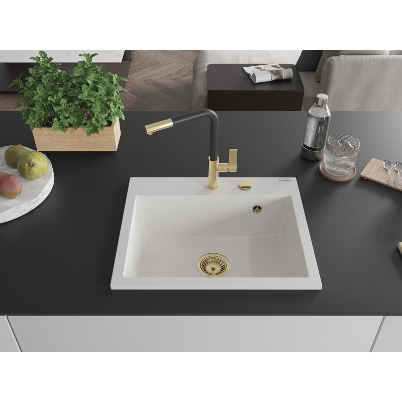 Mexen Oscar évier en granit 1 bac 580 x 490 mm, blanc, siphon doré - 6519581000-20-G