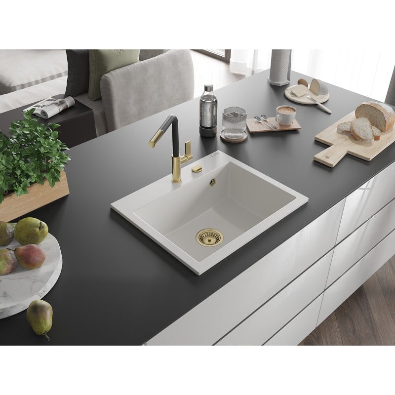 Mexen Oscar évier de cuisine en granit 1 bac 580 x 490 mm, blanc, siphon doré - 6519581000-20-G