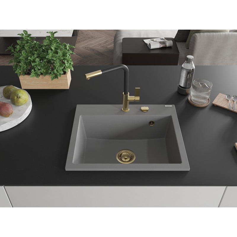 Mexen Oscar évier en granit 1 bac 580 x 490 mm, gris, siphon doré - 6519581000-71-G