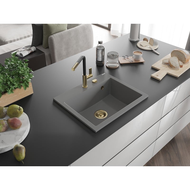 Mexen Oscar évier en granit 1 bac 580 x 490 mm, gris, siphon doré - 6519581000-71-G