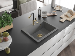 Mexen Oscar évier en granit 1 bac 580 x 490 mm, gris, siphon doré - 6519581000-71-G