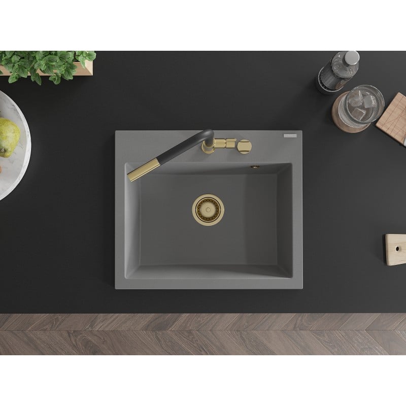 Mexen Oscar évier en granit 1 bac 580 x 490 mm, gris, siphon doré - 6519581000-71-G
