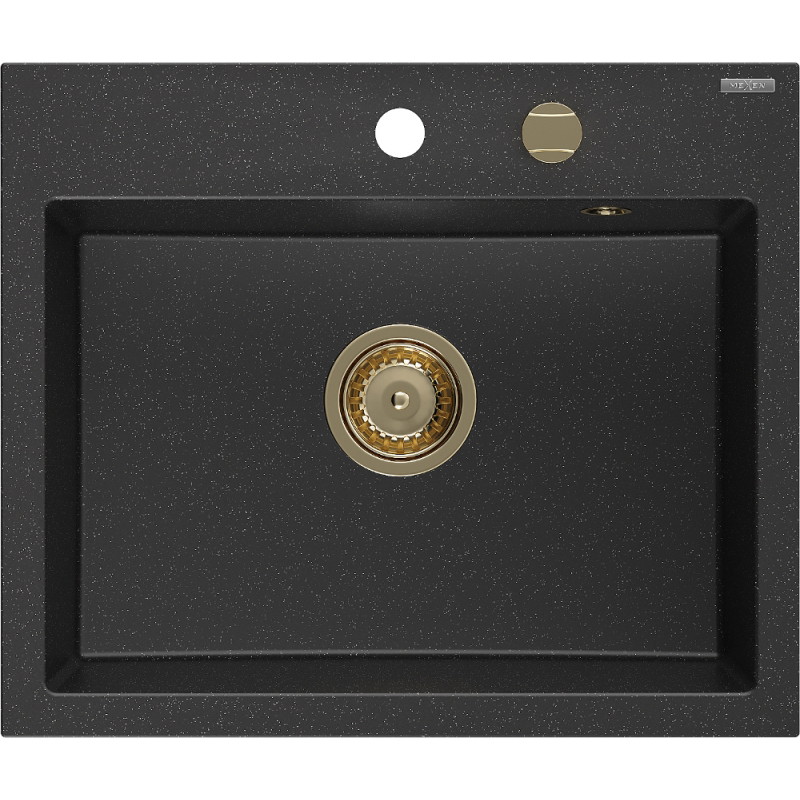 Mexen Oscar évier en granit à 1 bac 580 x 490 mm, noir/argent métallisé, siphon doré - 6519581000-73-G