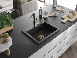 Mexen Oscar évier en granit à 1 bac 580 x 490 mm, noir/argent métallisé, siphon doré - 6519581000-73-G