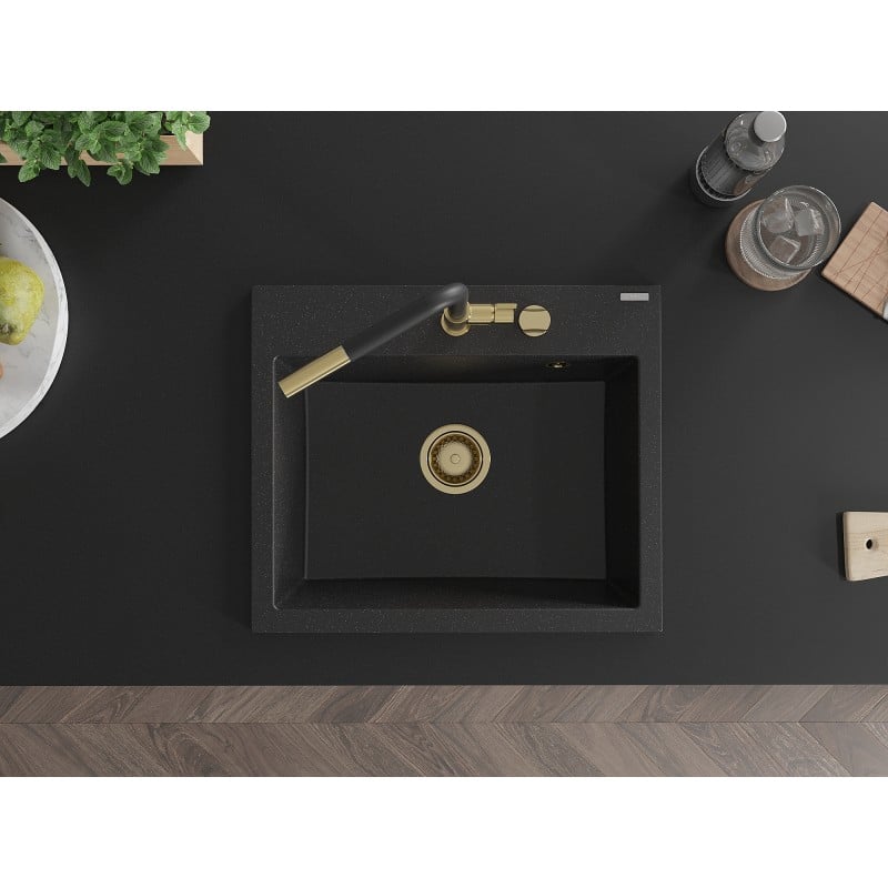 Mexen Oscar évier en granit 1-bac 580 x 490 mm, noir/argent métallisé, siphon en or - 6519581000-73-G