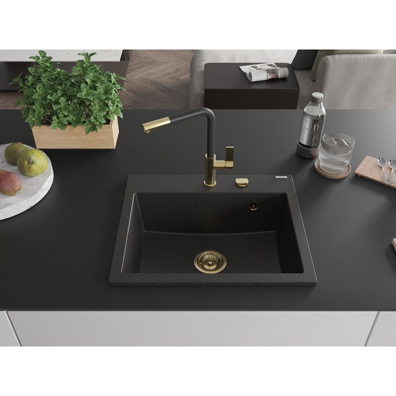 Mexen Oscar évier en granit 1-bac 580 x 490 mm, noir/argent métallisé, siphon en or - 6519581000-73-G