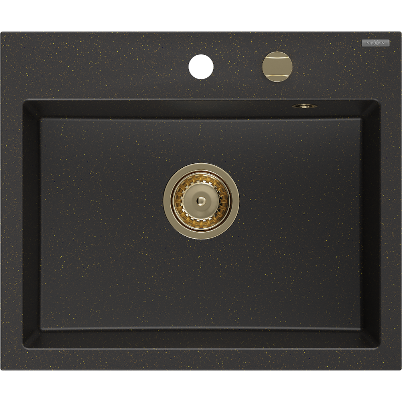 Mexen Oscar évier en granit 1 bac 580 x 490 mm, noir/doré métallisé, siphon doré - 6519581000-75-G