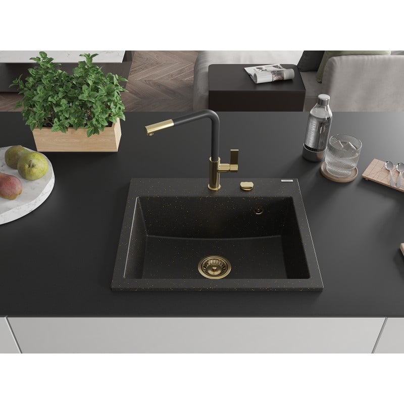 Mexen Oscar évier en granit 1 bac 580 x 490 mm, noir/doré métallique, siphon doré - 6519581000-75-G