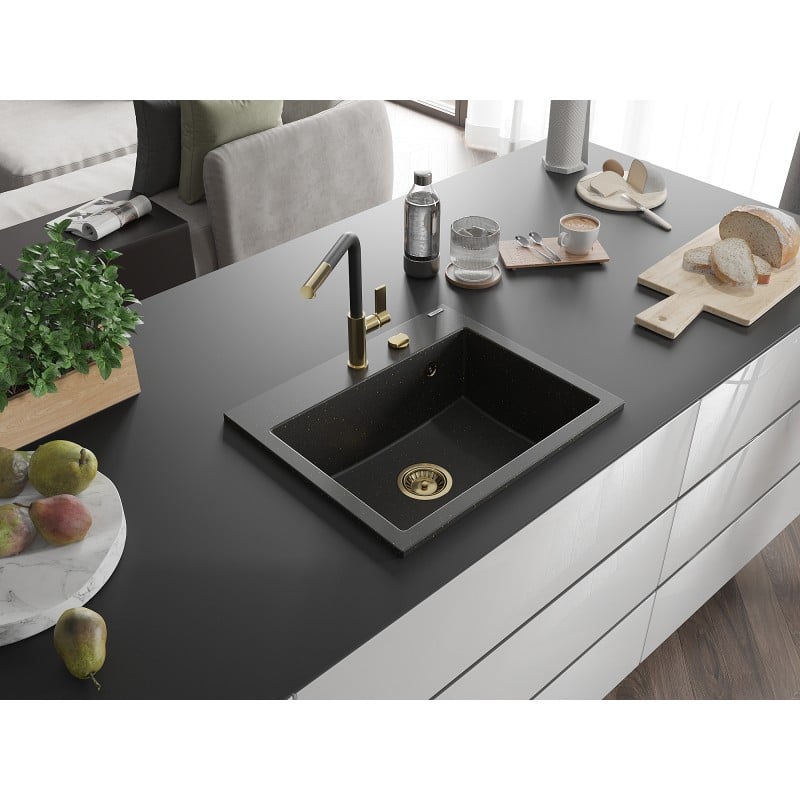 Mexen Oscar évier en granit 1 bac 580 x 490 mm, noir/doré métallique, siphon doré - 6519581000-75-G