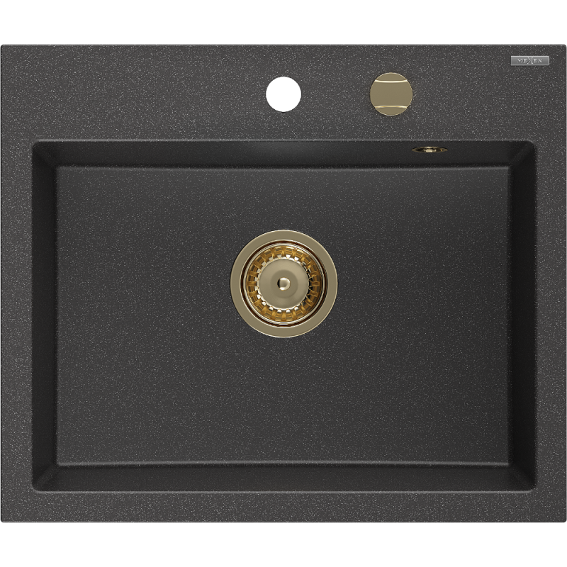 Mexen Oscar évier en granit 1 bac 580 x 490 mm, noir moucheté, siphon doré - 6519581000-76-G