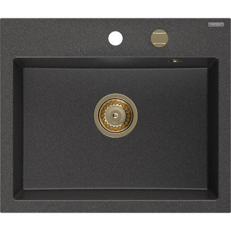 Mexen Oscar évier en granit 1 bac 580 x 490 mm, noir moucheté, siphon doré - 6519581000-76-G
