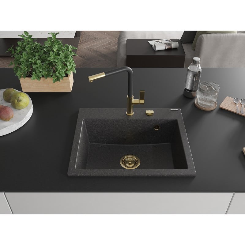 Mexen Oscar évier en granit à 1 bac 580 x 490 mm, noir moucheté, siphon doré - 6519581000-76-G