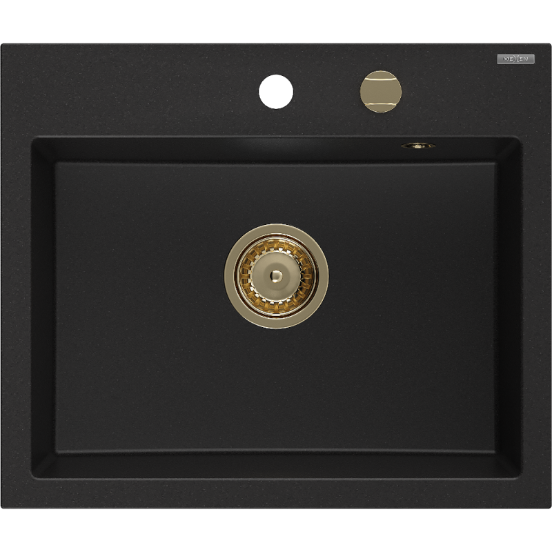Mexen Oscar évier en granit 1 bac 580 x 490 mm, noir, siphon doré - 6519581000-77-G