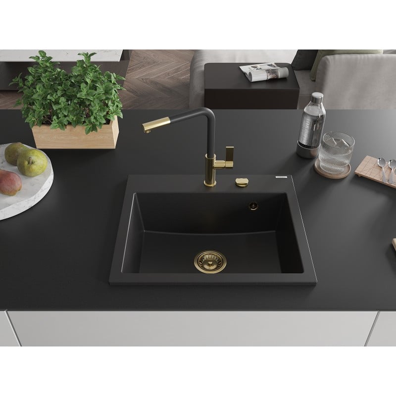 Mexen Oscar évier en granit 1 bac 580 x 490 mm, noir, siphon doré - 6519581000-77-G