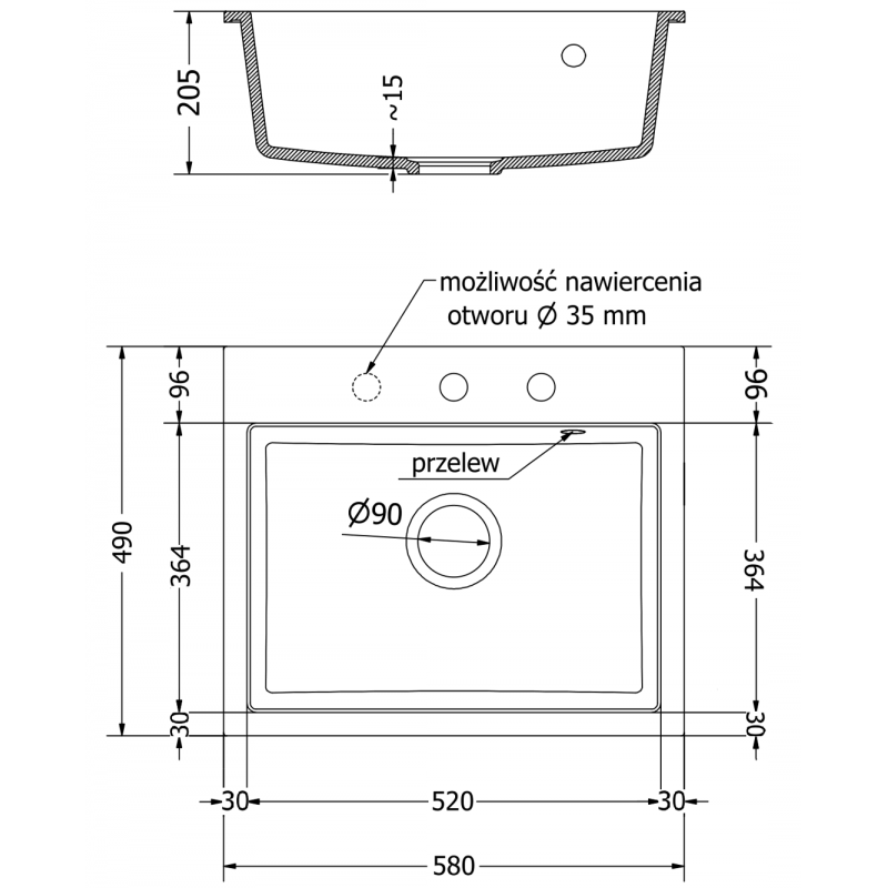 Mexen Oscar évier en granit 1 bac 580 x 490 mm, blanc, siphon noir - 6519581000-20-B