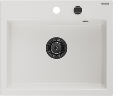 Mexen Oscar évier en granit 1 bac 580 x 490 mm, blanc, siphon noir - 6519581000-20-B