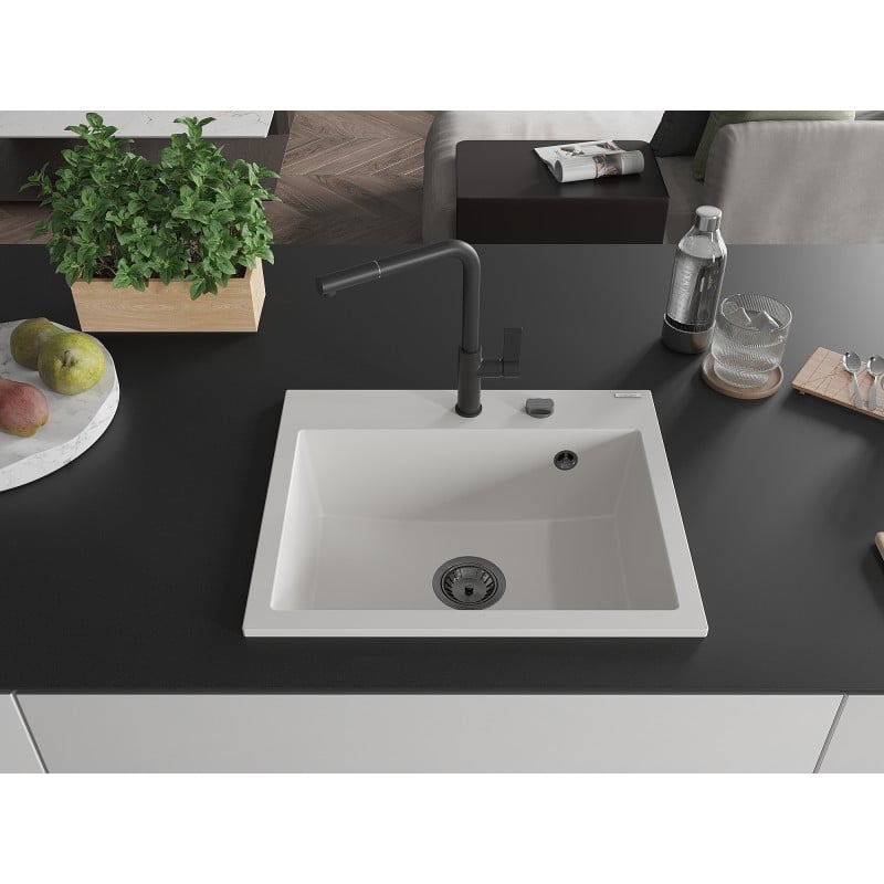 Mexen Oscar évier en granit 1 bac 580 x 490 mm, blanc, siphon noir - 6519581000-20-B