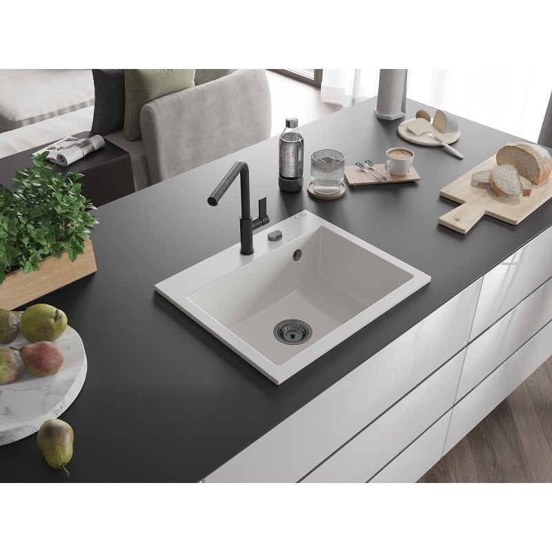 Mexen Oscar évier en granit 1 bac 580 x 490 mm, blanc, siphon noir - 6519581000-20-B