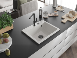 Mexen Oscar évier en granit 1 bac 580 x 490 mm, blanc, siphon noir - 6519581000-20-B