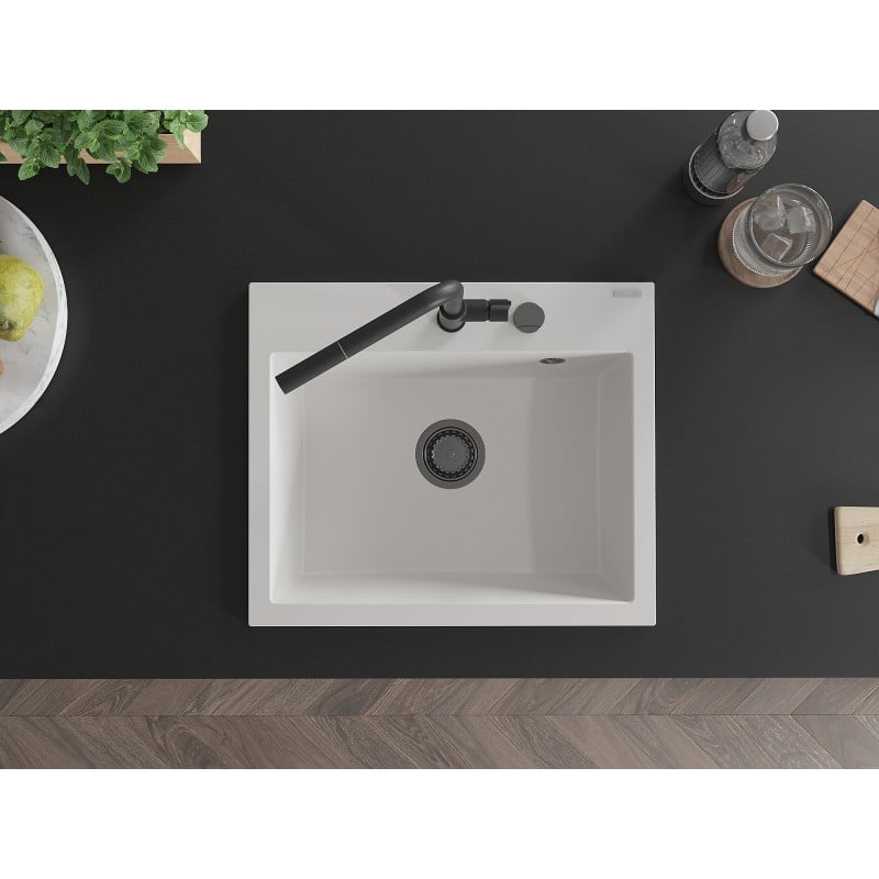 Mexen Oscar évier en granit 1 bac 580 x 490 mm, blanc, siphon noir - 6519581000-20-B