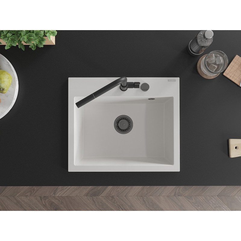 Mexen Oscar Évier en granit à 1 bac 580 x 490 mm, blanc, siphon noir - 6519581000-20-B