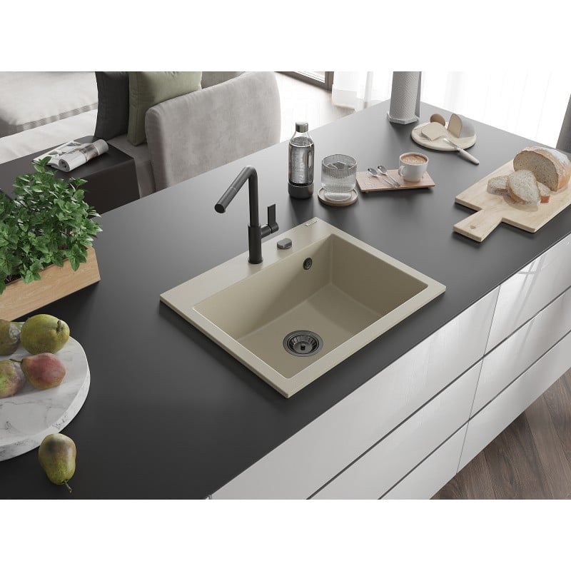 Mexen Oscar évier en granit 1 bac 580 x 490 mm, beige, siphon noir - 6519581000-69-B