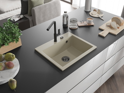 Mexen Oscar évier en granit 1 bac 580 x 490 mm, beige, siphon noir - 6519581000-69-B