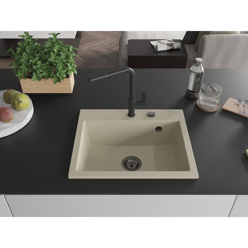 Mexen Oscar évier en granit 1 bac 580 x 490 mm, beige, siphon noir - 6519581000-69-B