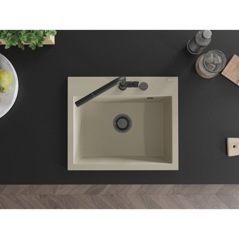 Mexen Oscar évier en granit 1 bac 580 x 490 mm, beige, siphon noir - 6519581000-69-B